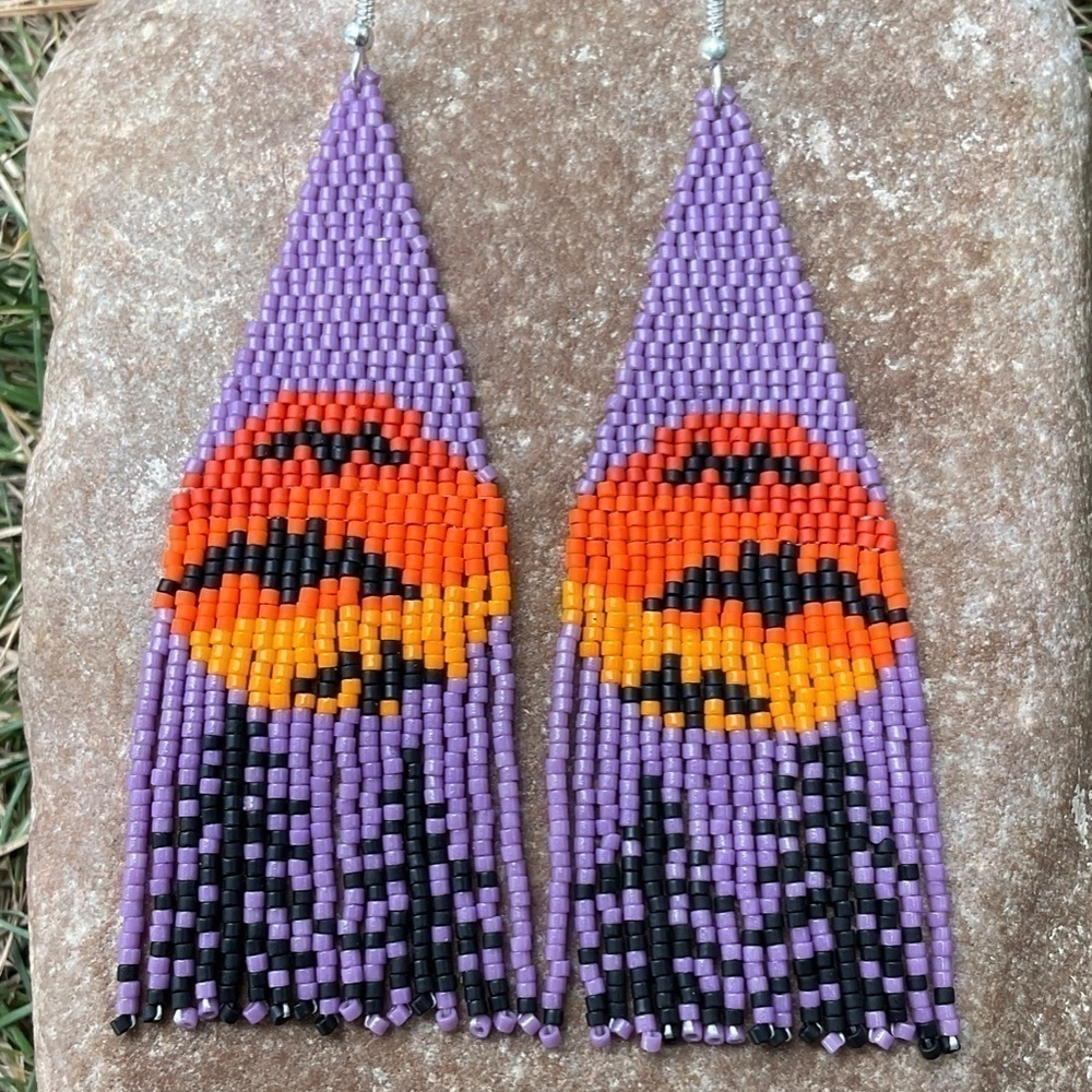 Bats in the Moon Beaded Earrings with Fringe, New, Handmade by Me - Picture 3 of 8